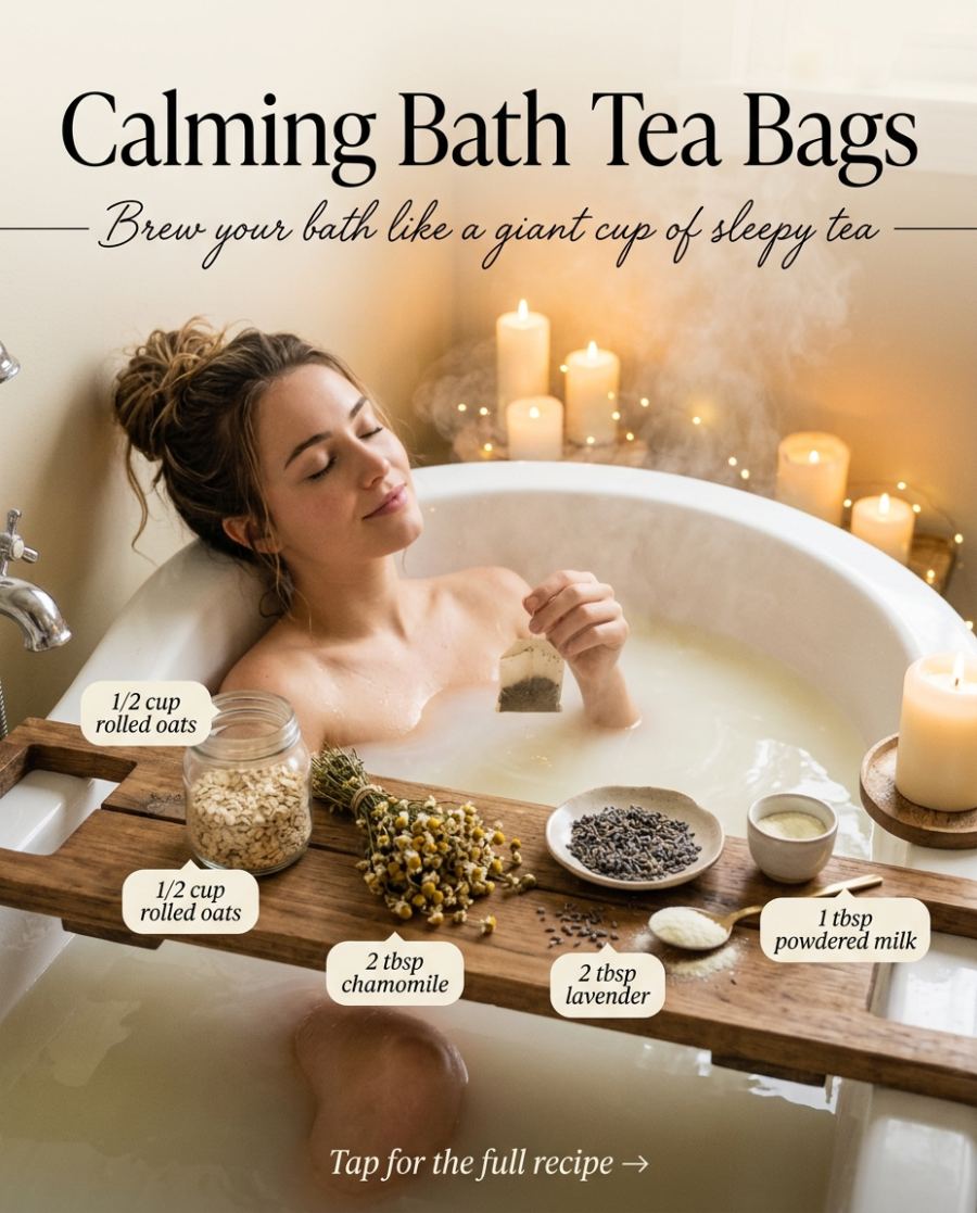 Calming Bath Tea Bags — homemade bath ritual ingredients styled for the recipe