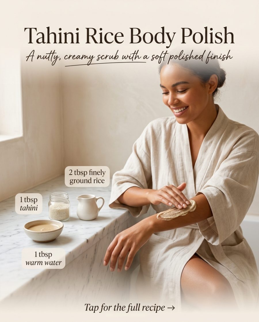 Tahini Rice Body Polish — homemade body care ingredients styled for the recipe