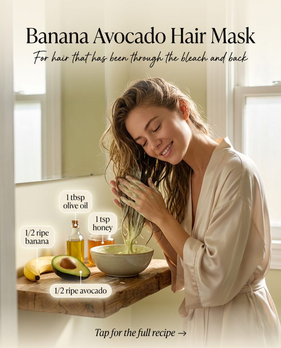 Banana Avocado Hair Mask — homemade hair care ingredients styled for the recipe
