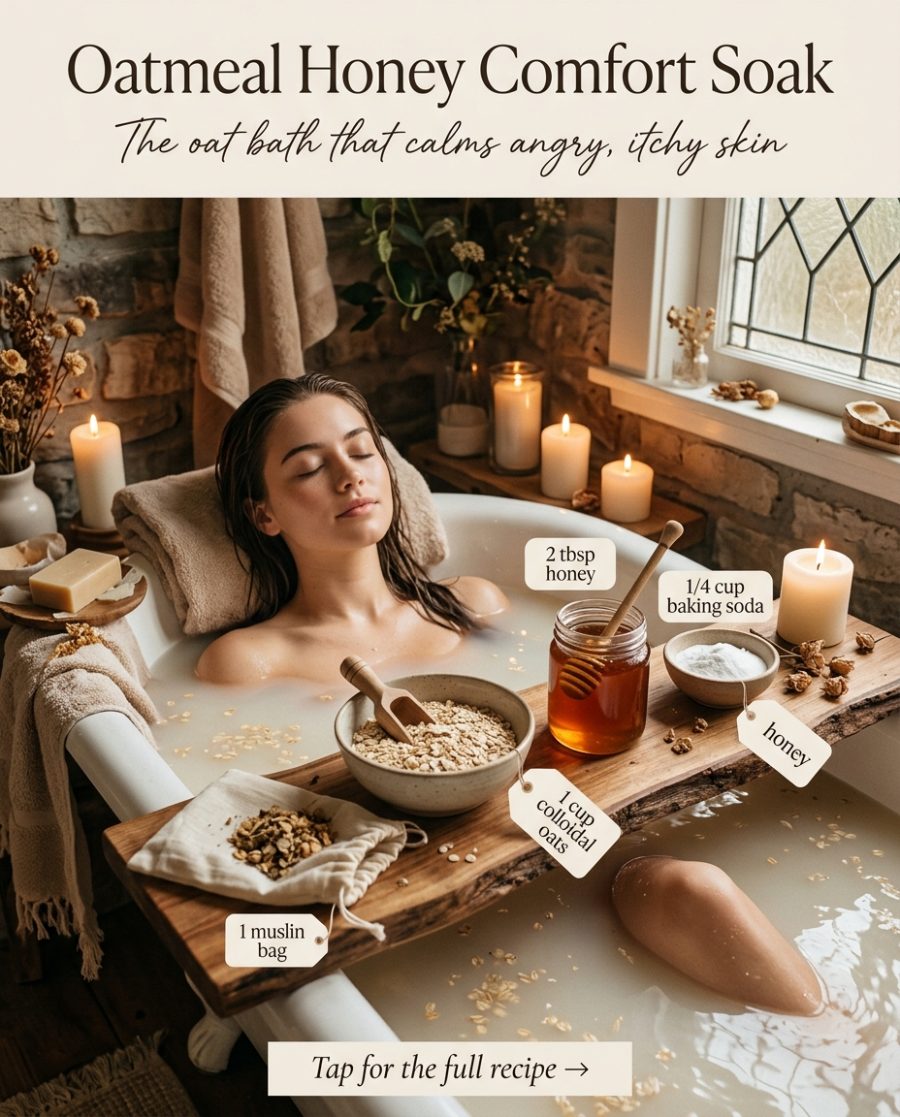 Oatmeal Honey Comfort Soak — homemade bath ritual ingredients styled for the recipe