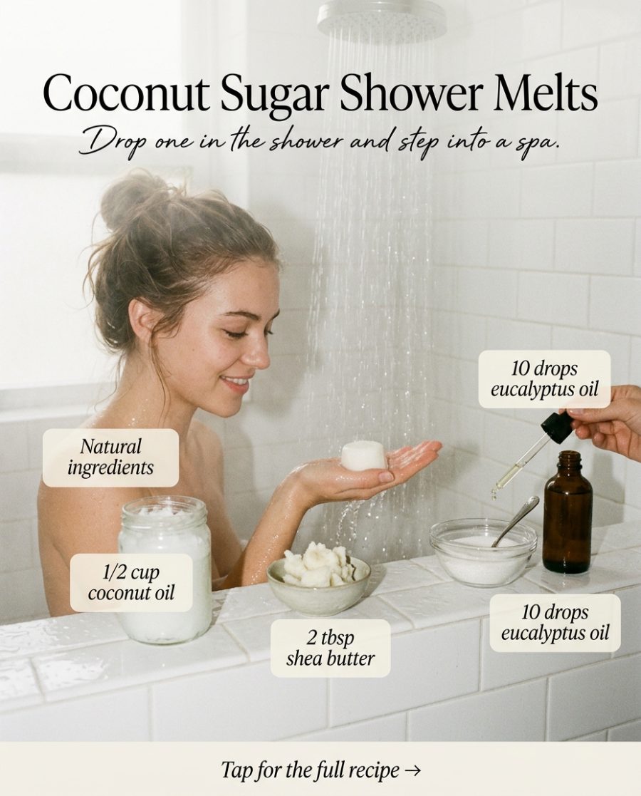 Coconut Sugar Shower Melts — homemade bath ritual ingredients styled for the recipe