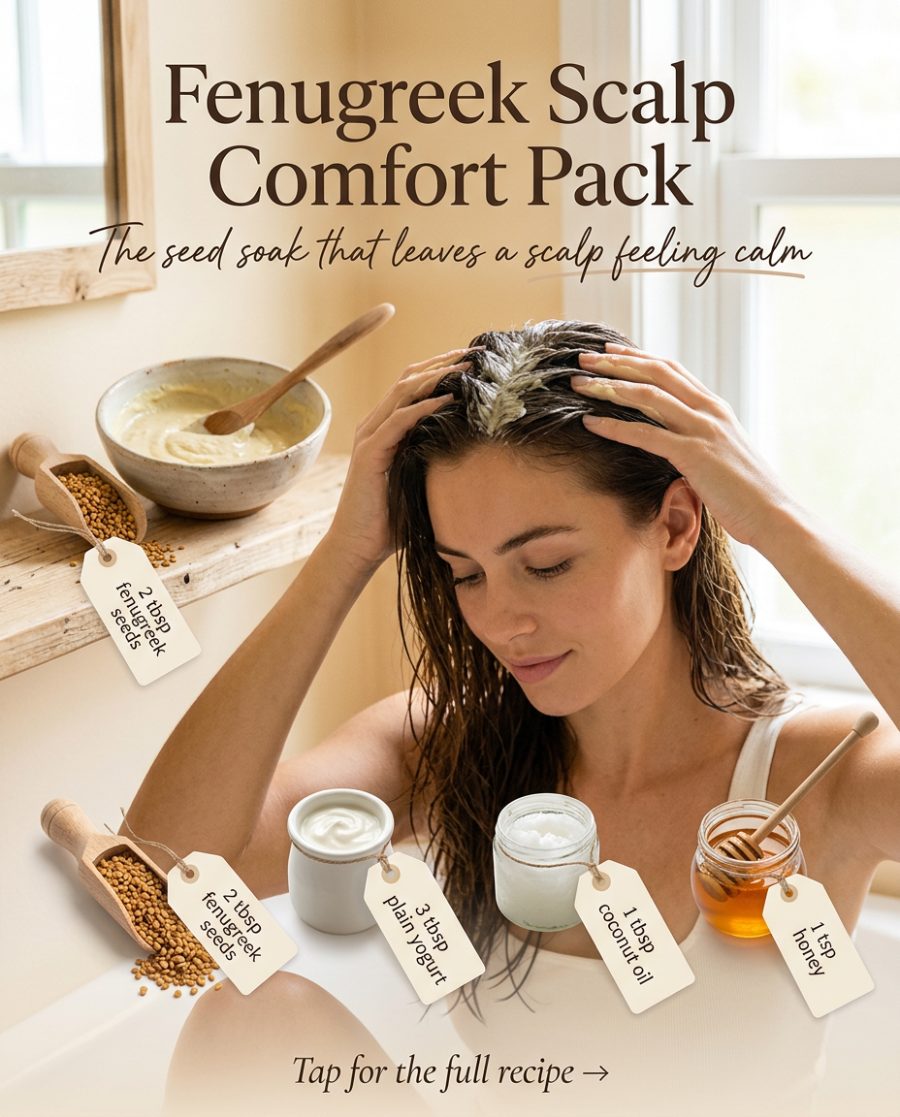 Fenugreek Scalp Comfort Pack — homemade hair care ingredients styled for the recipe