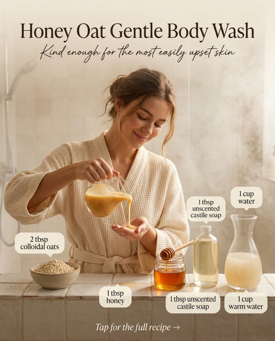 Honey Oat Gentle Body Wash — homemade bath ritual ingredients styled for the recipe