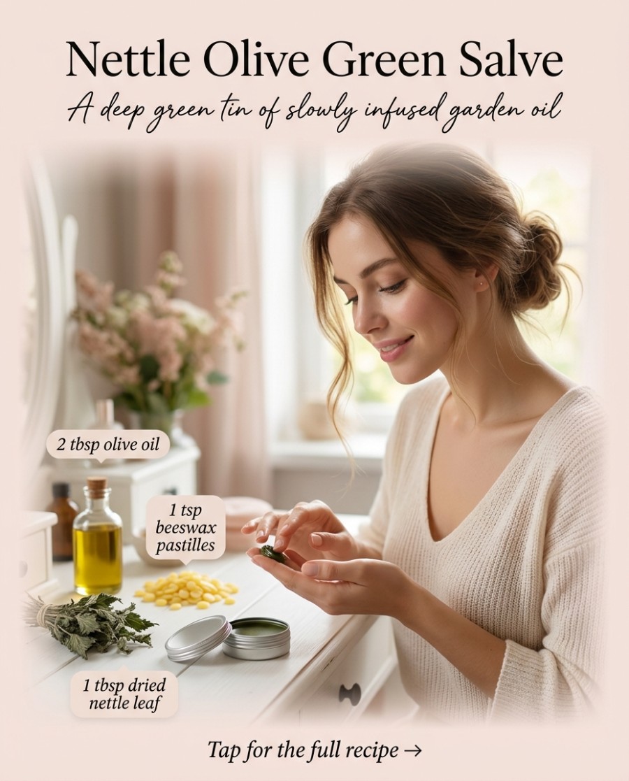 Nettle Olive Green Salve — homemade body care ingredients styled for the recipe