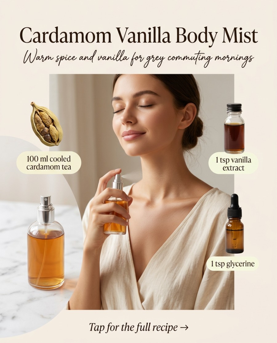 Cardamom Vanilla Body Mist — homemade body care ingredients styled for the recipe