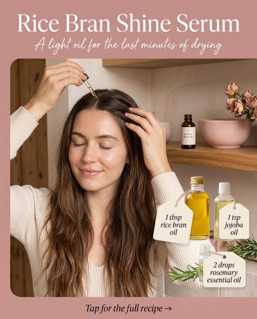 Rice Bran Shine Serum — homemade hair care ingredients styled for the recipe