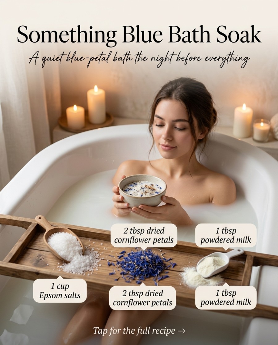 Something Blue Bath Soak — homemade bath ritual ingredients styled for the recipe
