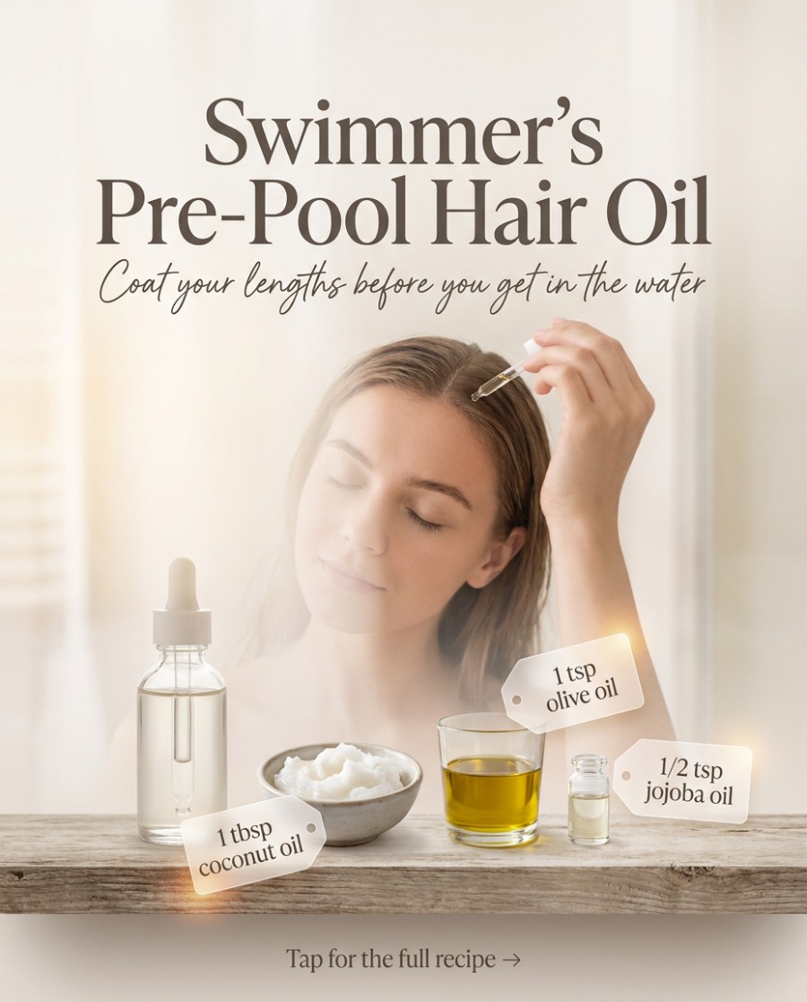 Swimmer's Pre-Pool Hair Oil — homemade hair care ingredients styled for the recipe