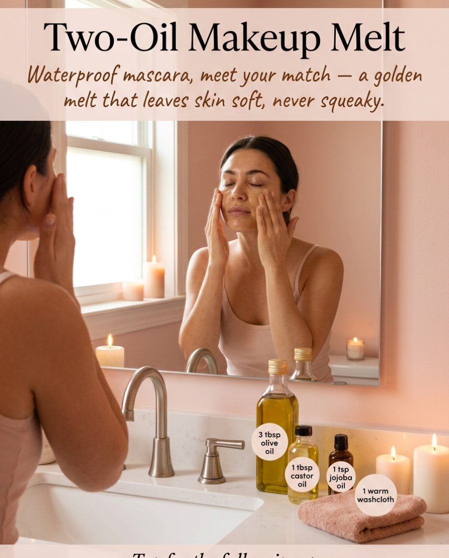 Two-Oil Makeup Melt ingredients — olive oil, castor oil, jojoba oil and a warm washcloth beside a small glass bowl of golden cleansing oil