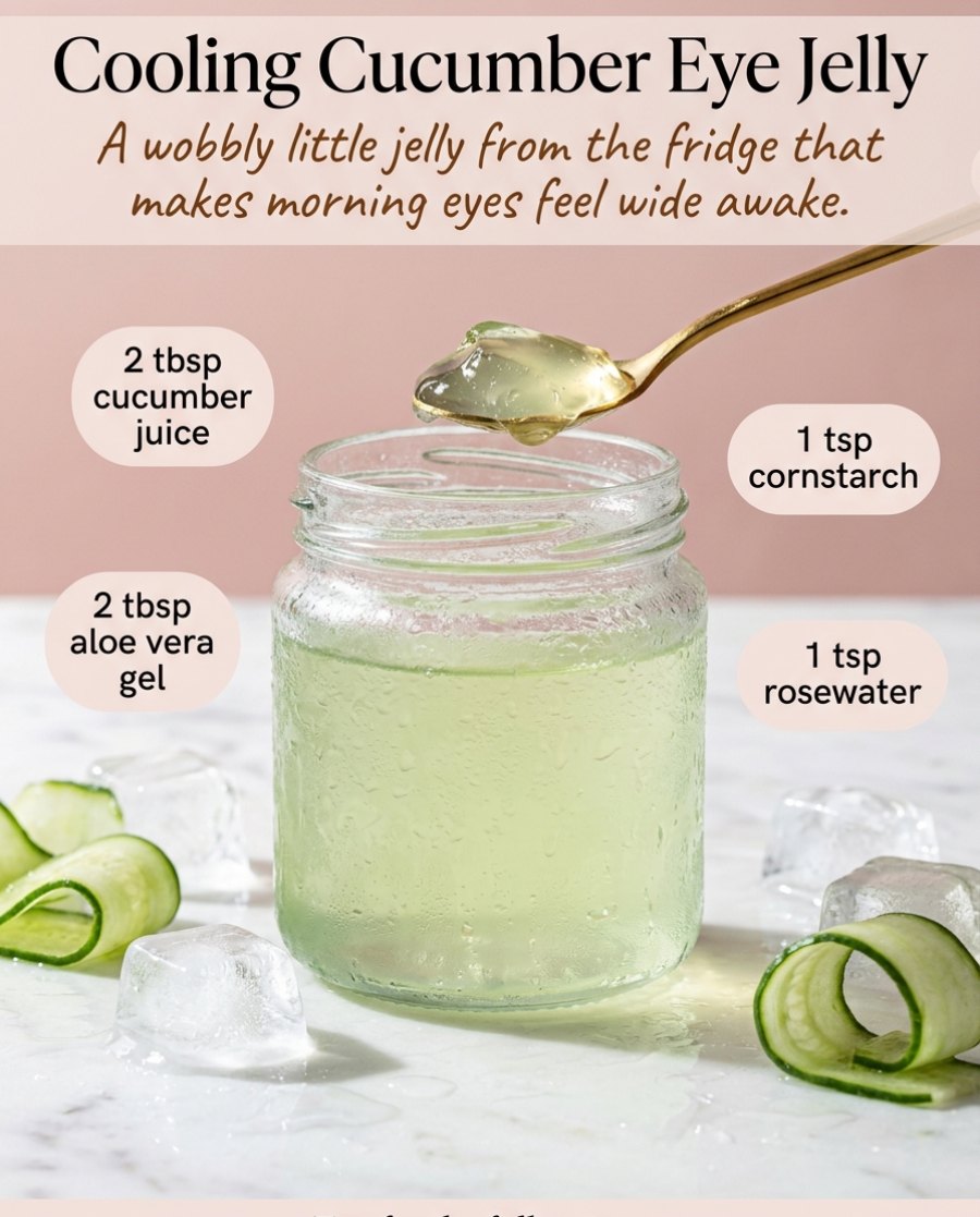 Cooling Cucumber Eye Jelly ingredients — fresh cucumber juice, aloe vera gel, cornstarch and rosewater beside a small glass jar of pale green under-eye jelly on ice