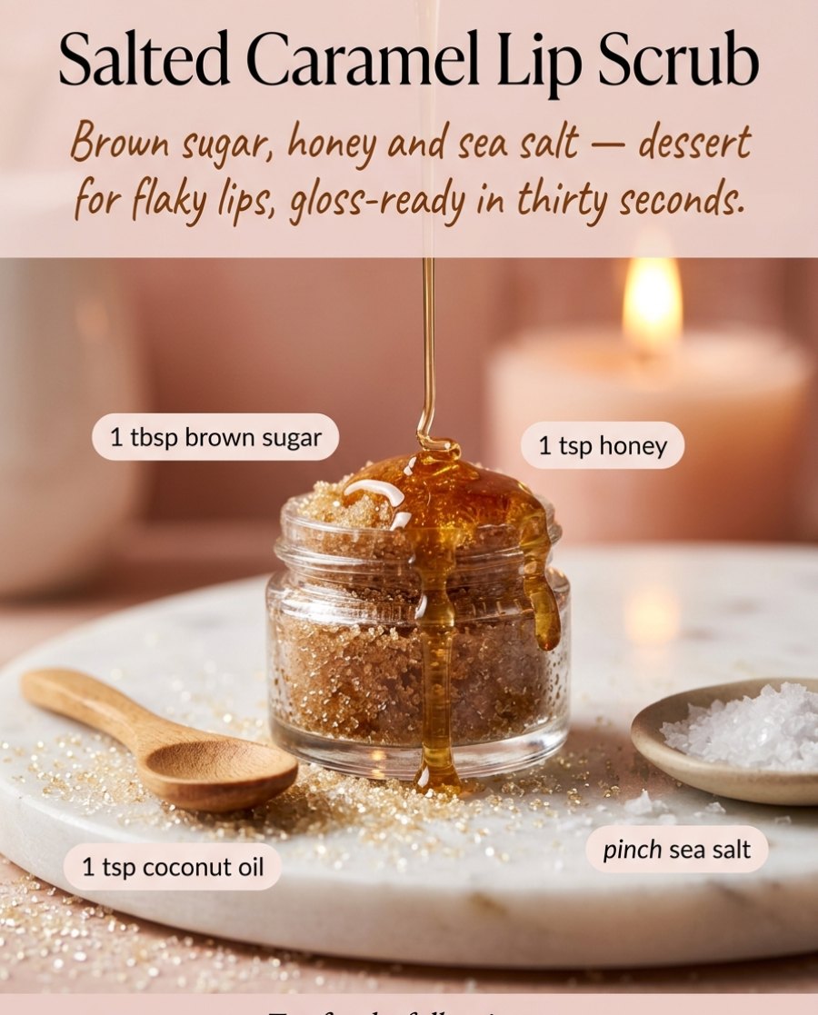 Salted Caramel Lip Scrub — golden brown sugar scrub in a tiny jar with honey, melted coconut oil and sea salt