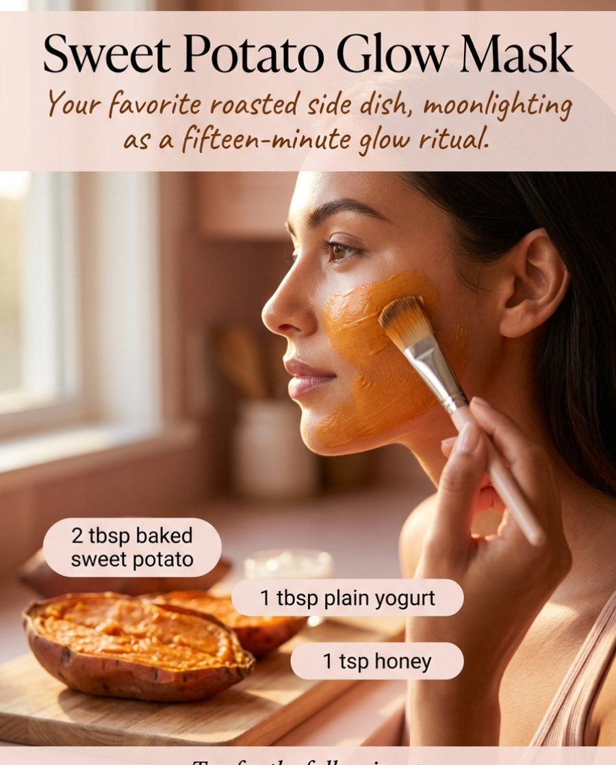 Sweet Potato Glow Mask — baked sweet potato, plain yogurt and honey with a mixing bowl and flat mask brush