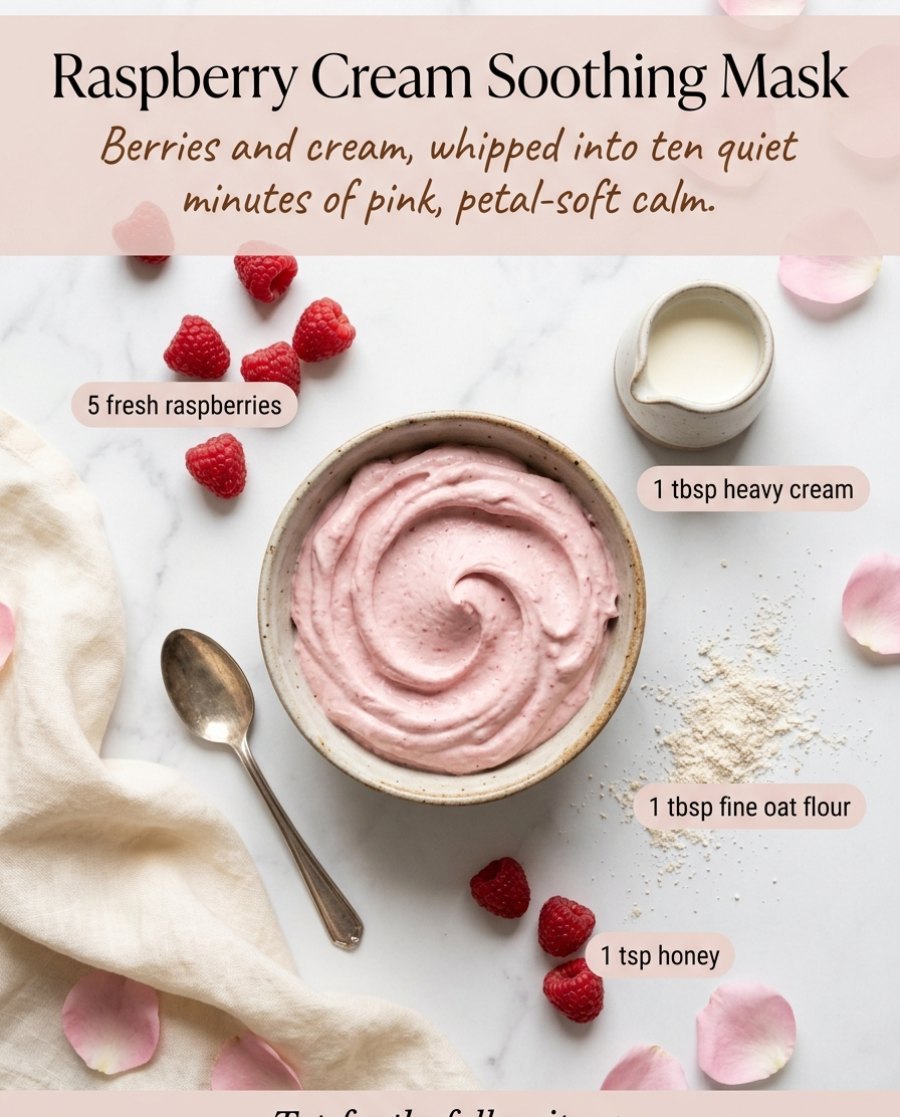 Raspberry Cream Soothing Mask — fresh raspberries, heavy cream, fine oat flour and honey beside a bowl of pink mask