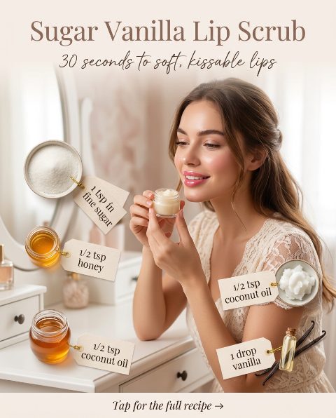 Sugar Vanilla Lip Scrub — homemade lip care ingredients styled for the recipe