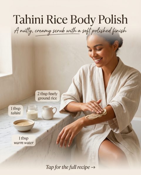 Tahini Rice Body Polish — homemade body care ingredients styled for the recipe