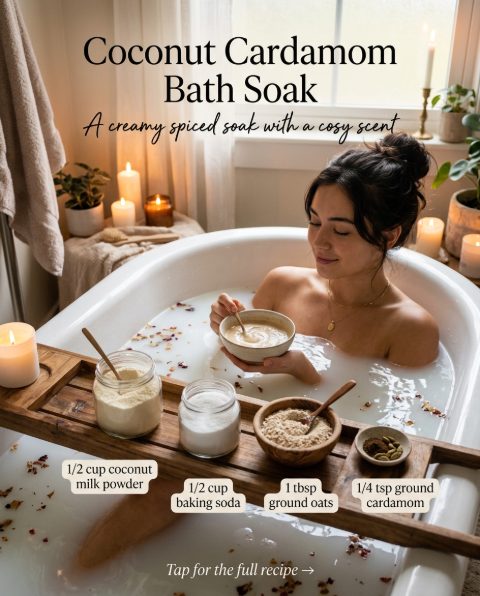 Coconut Cardamom Bath Soak — homemade bath ritual ingredients styled for the recipe