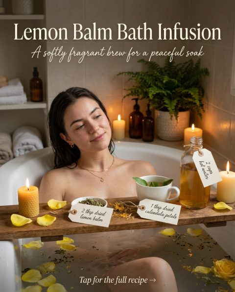 Lemon Balm Bath Infusion — homemade bath ritual ingredients styled for the recipe