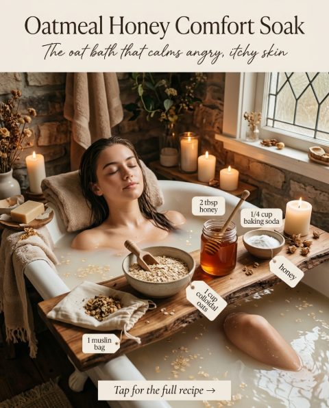 Oatmeal Honey Comfort Soak — homemade bath ritual ingredients styled for the recipe
