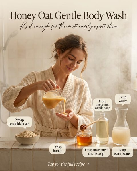 Honey Oat Gentle Body Wash — homemade bath ritual ingredients styled for the recipe