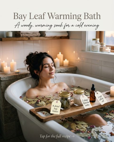 Bay Leaf Warming Bath — homemade bath ritual ingredients styled for the recipe